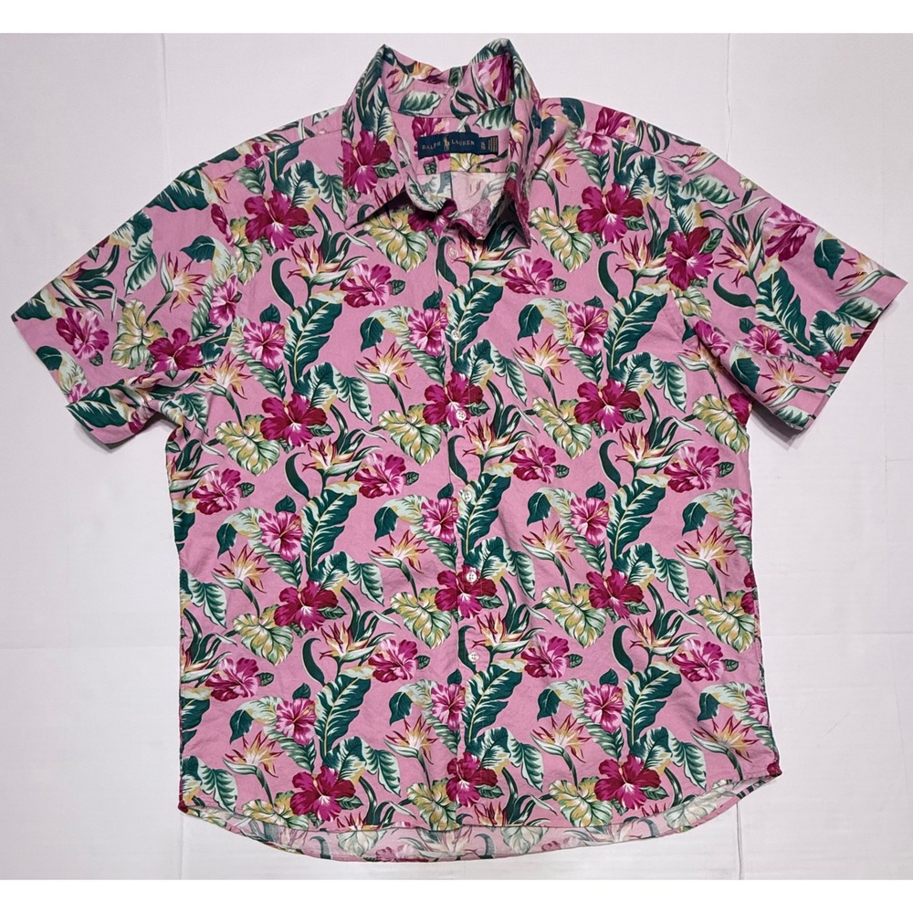 Ralph Lauren Mens XL Pink Tropical Floral Hibiscus Short Sleeve Button Up Shirt